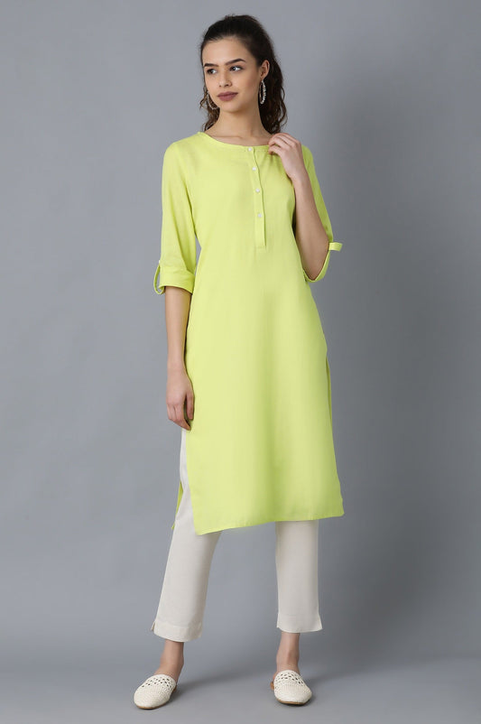 Yellow Round Neck Solid Kurta