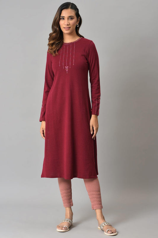 Dark Red Embroidered Winter kurta