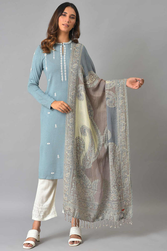 Light Blue And Grey Paisley Printed Women Winter Shawl