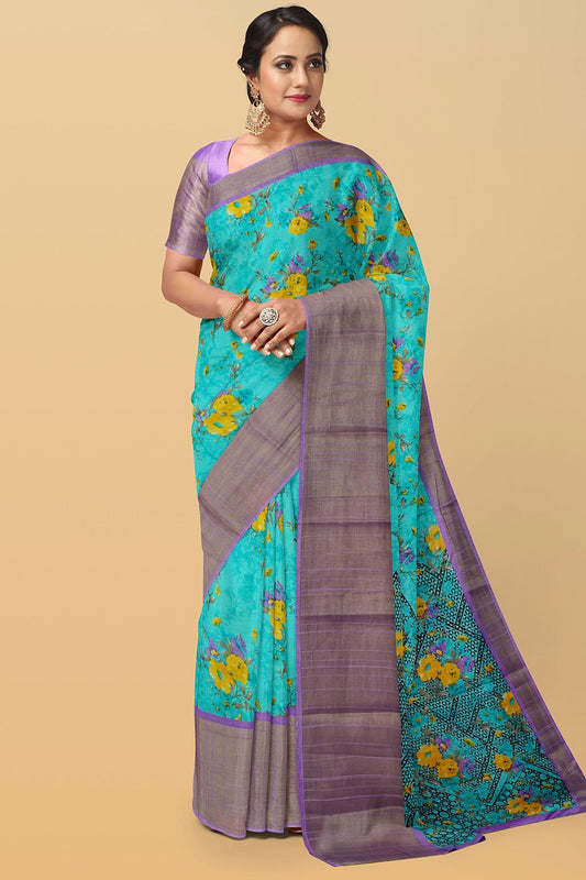 BLUE and LAVENDER FLORALS DOLA SILK Saree with FANCY