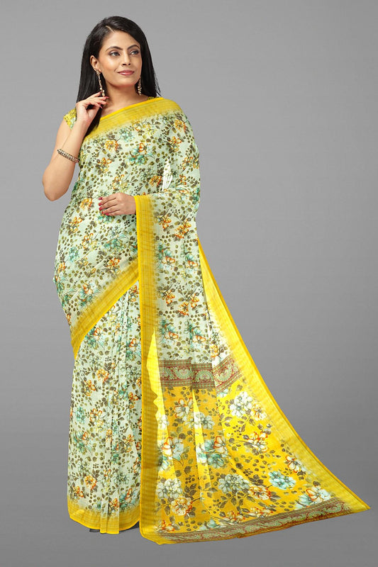 CREAM and YELLOW FLORALS LINEN Saree with FANCY