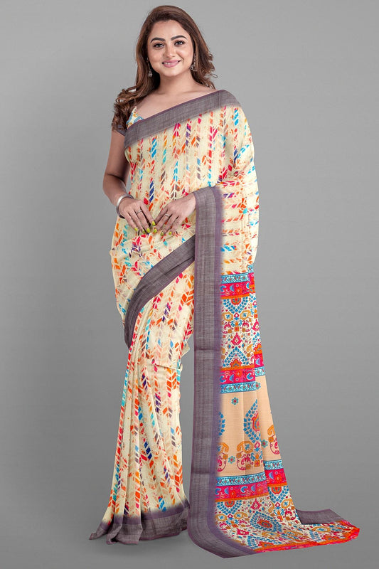 CREAM and MULTI FLORAL JAAL LINEN Saree with FANCY