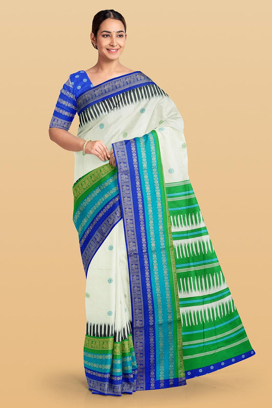 CREAM AND ROYAL BLUE BUTTIS SILK SAREE WITH FANCY