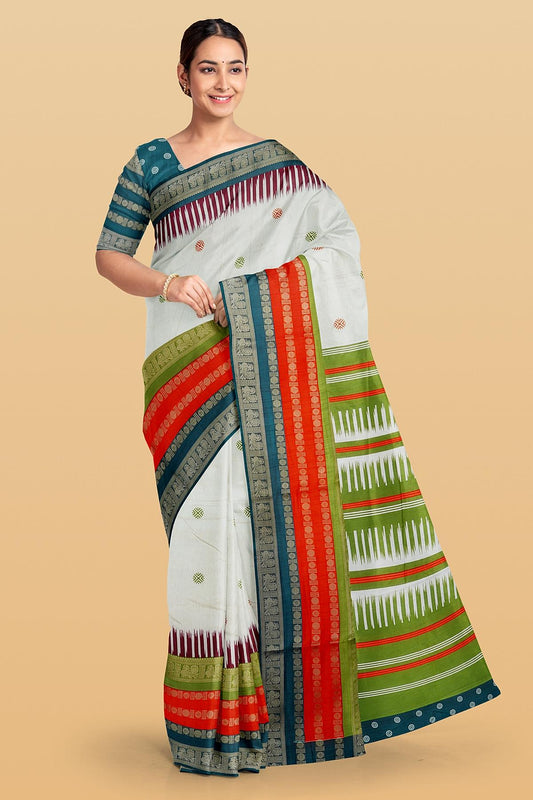 CREAM AND DARK GREEN BUTTIS SILK SAREE WITH FANCY