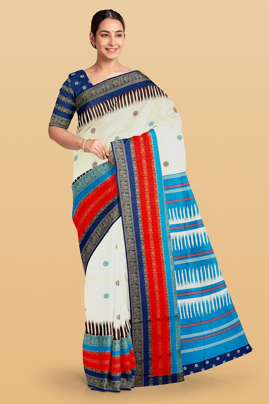 CREAM AND NAVY BLUE BUTTIS SILK SAREE WITH FANCY