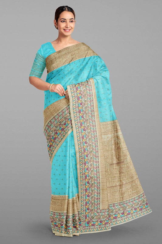 BLUE and GOLD BUTTIS MATKA SILK Saree with BANARASI FANCY