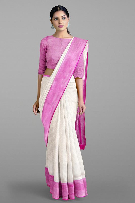 CREAM and DARK PINK BUTTIS SOFT SILK Saree with BANARASI FANCY