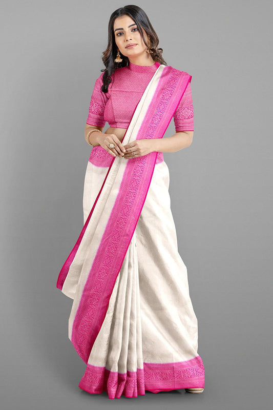 CREAM and DARK PINK BROCADE SOFT SILK Saree with BANARASI FANCY