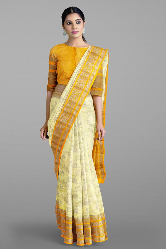 CREAM and MUSTARD FLORAL JAAL SILK Saree with FANCY