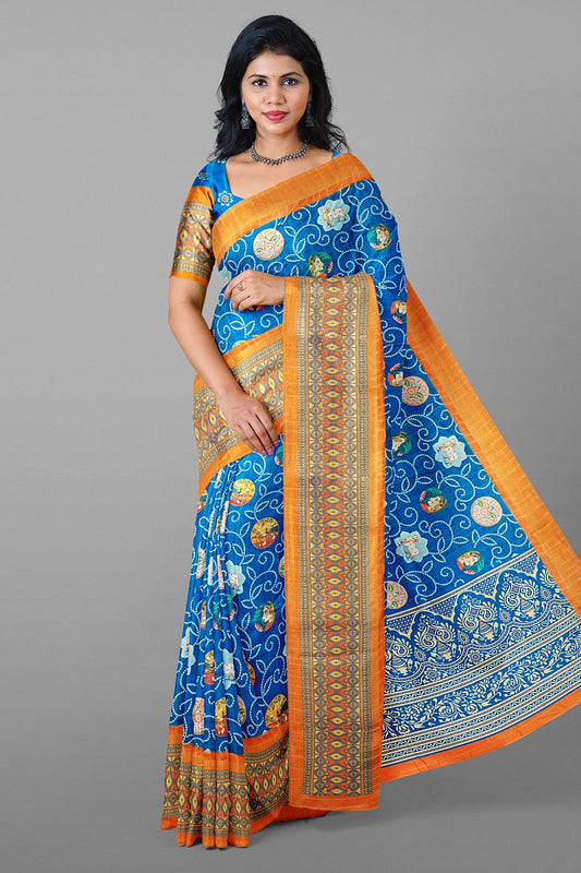 BLUE and MUSTARD KALAMKARI PRINT SILK Saree with FANCY