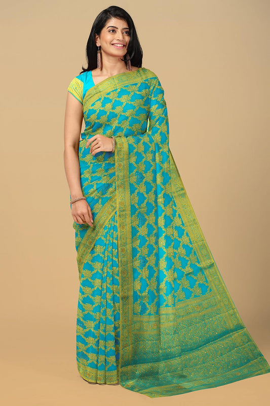 BLUE and GOLD JAAL CHIFFON Saree with BANARASI CHIFFON