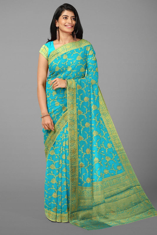 BLUE and GOLD FLORAL JAAL CHIFFON Saree with BANARASI CHIFFON