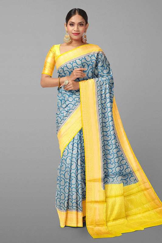 DARK BLUE and LIME GREEN PAISLEY WITH JAAL KATHAN SILK Saree with BANARASI FANCY