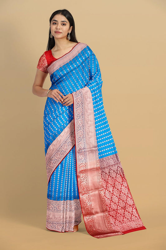 BLUE and MAROON BUTTIS SILK Saree with BANARASI FANCY