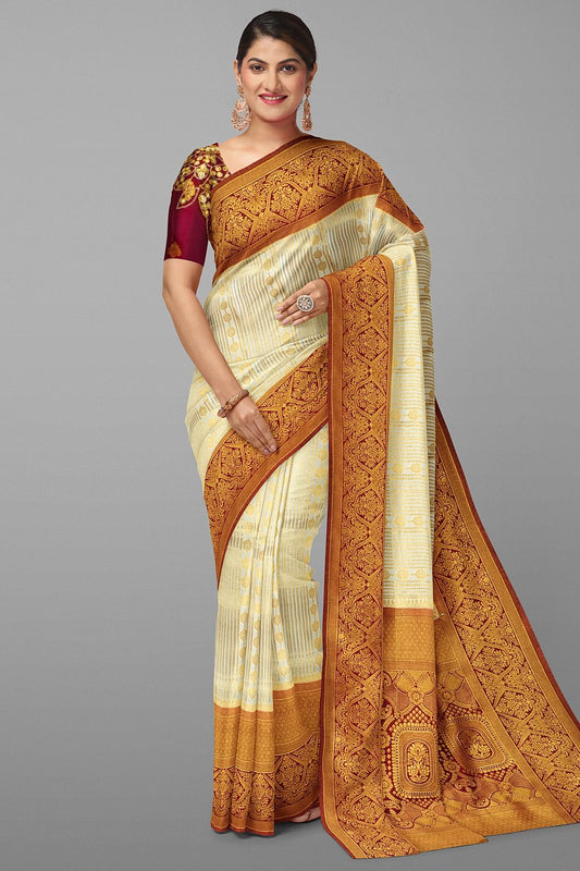 CREAM and PURPLE JAAL VISCOSE GEORGETTE Saree with BANARASI FANCY