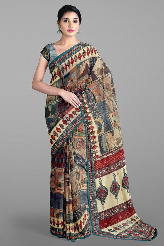 CREAM and MULTI DIGITAL PRINT SILK Saree with FANCY