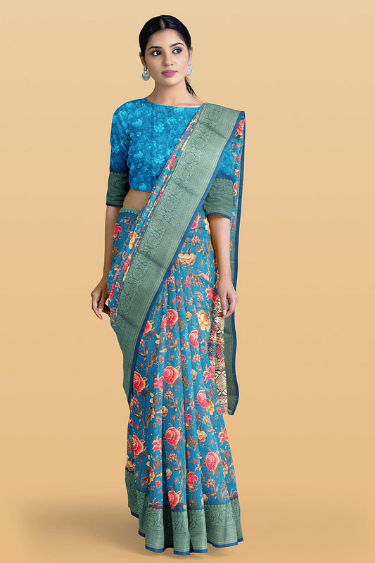 DARK BLUE and MULTI FLORALS SILK Saree with FANCY