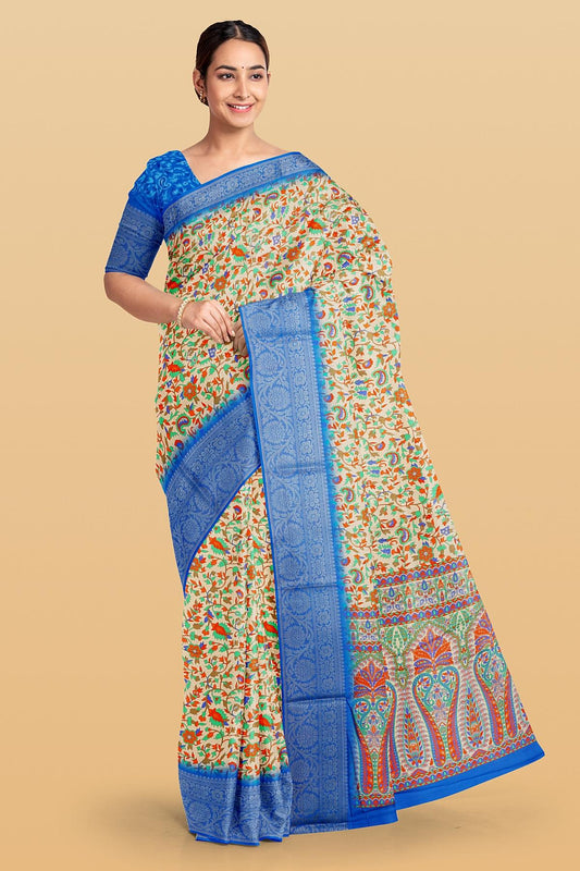 CREAM and ROYAL BLUE KALAMKARI PRINT SILK Saree with FANCY