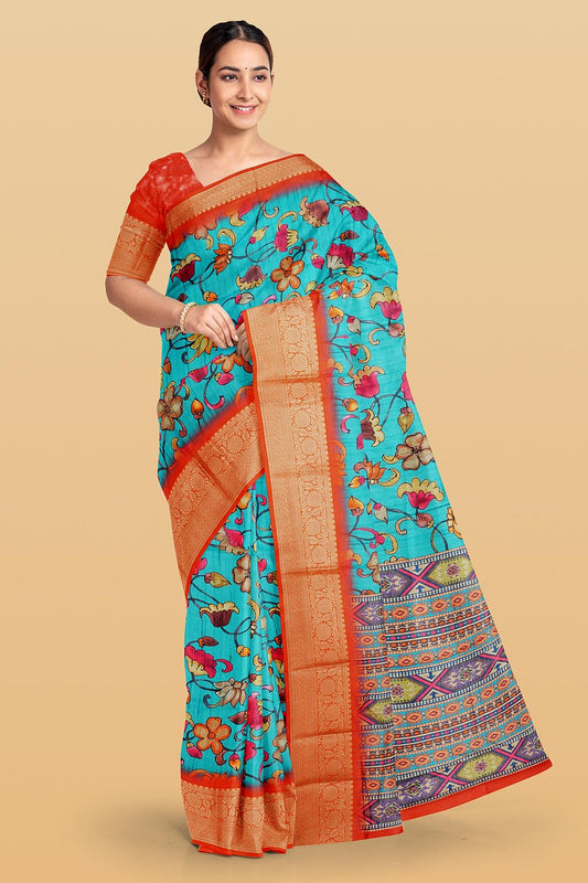 BLUE and RUST FLORALS SILK Saree with FANCY