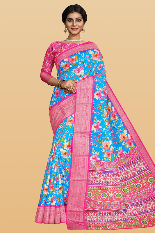 BLUE and PINK FLORALS SILK Saree with FANCY