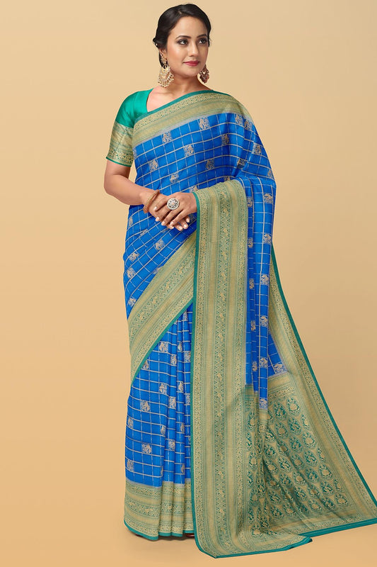 DARK BLUE and TEAL CHECKS & FIGURES SILK Saree with FANCY