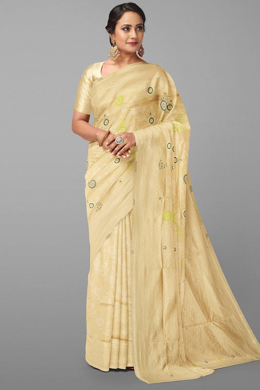 CREAM and GOLD FLORALS SILK Saree with BANARASI FANCY