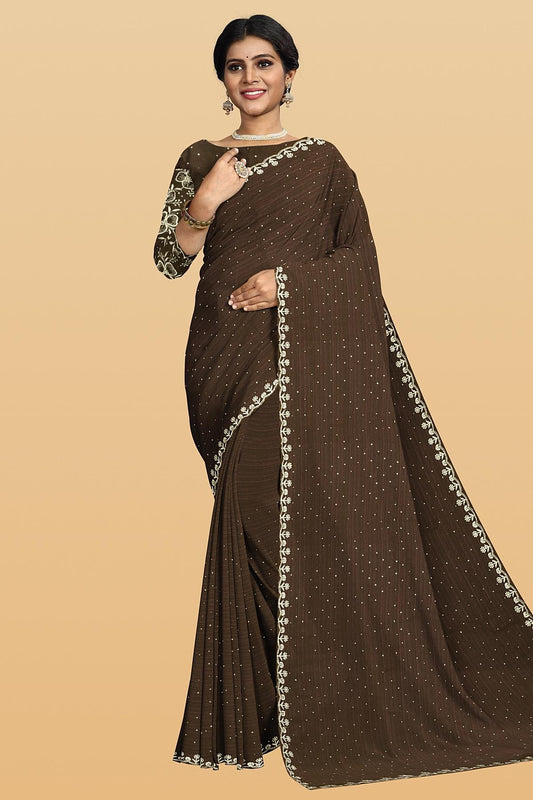 DARK BROWN and SILVER DESIGNER GLASS KORA Saree with FANCY