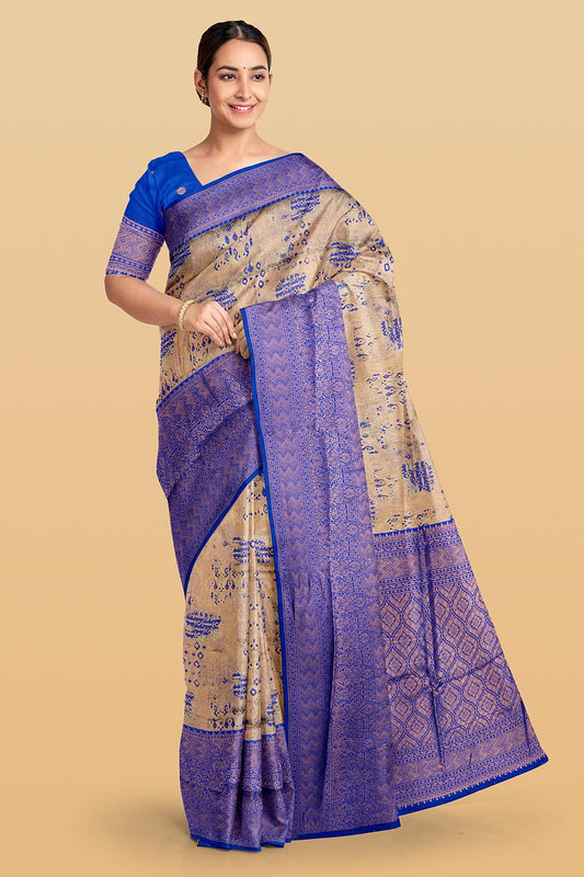 CREAM and ROYAL BLUE DIGITAL PRINT SILK Saree with FANCY