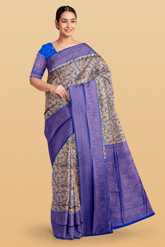 CREAM and ROYAL BLUE BUTTERFLY PRINT SILK Saree with FANCY