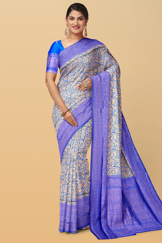 CREAM and ROYAL BLUE FLORALS SILK Saree with FANCY