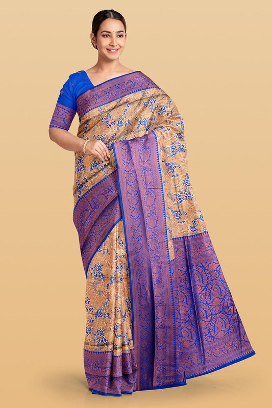 CREAM and ROYAL BLUE JAAL SILK Saree with FANCY