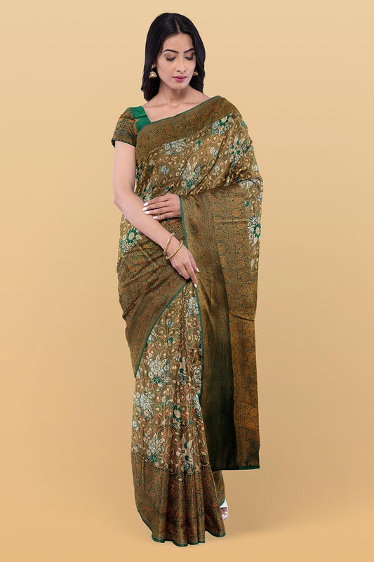 DARK GREEN and COPPER FLORAL JAAL SILK Saree with FANCY