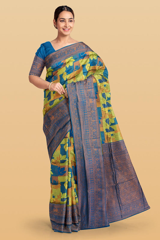 DARK BLUE and OLIVE GREEN DIGITAL PRINT SILK Saree with FANCY