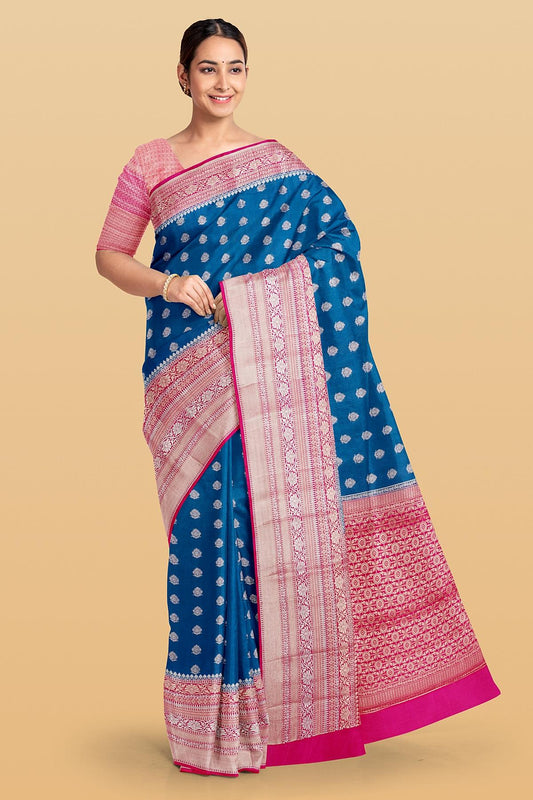 DARK BLUE and DARK PINK BUTTIS SILK Saree with BANARASI FANCY