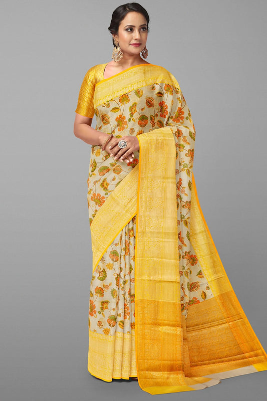 CREAM and YELLOW FLORALS TISSUE Saree with BANARASI FANCY