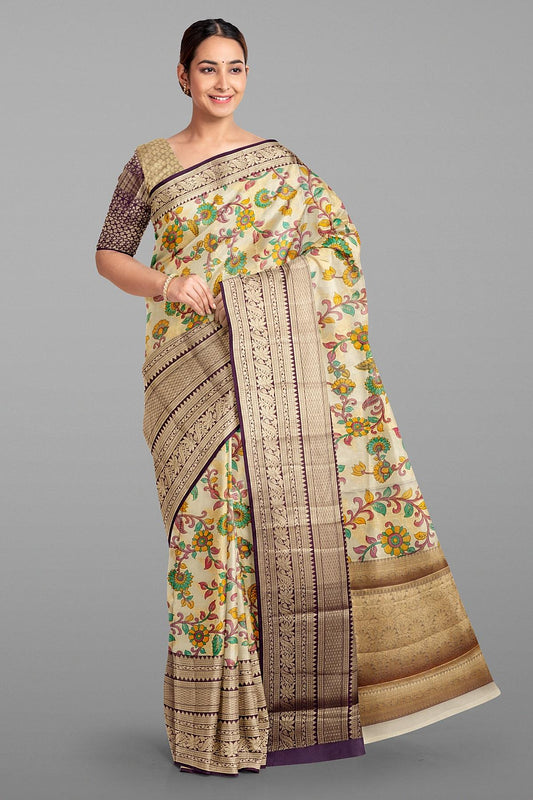 CREAM and VIOLET FLORAL JAAL TISSUE Saree with BANARASI FANCY