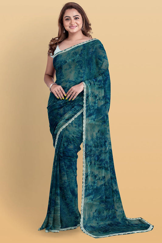 DARK BLUE and WHITE PLAIN CHIFFON Saree with FANCY