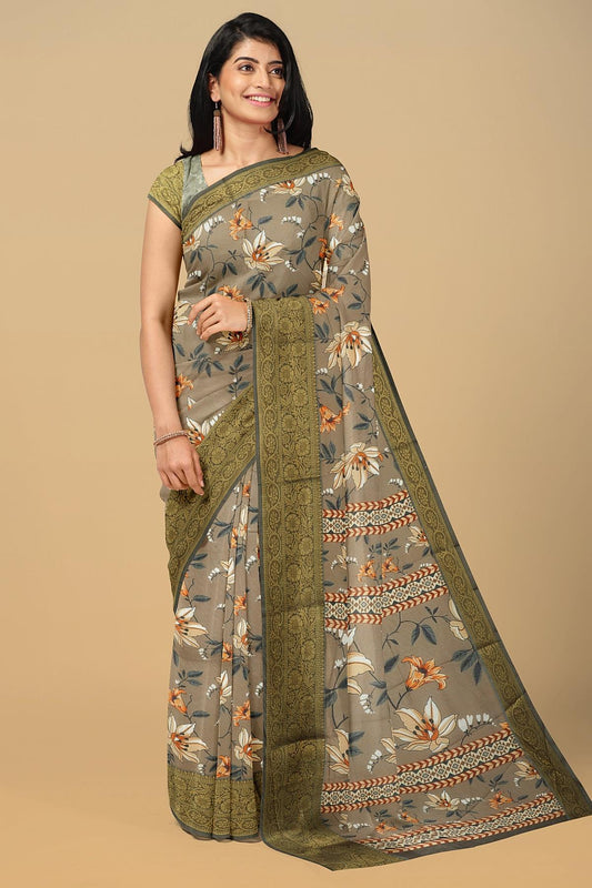 BROWN and MULTI FLORALS LINEN Saree with FANCY