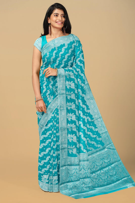 BLUE and SILVER FLORAL JAAL CHIFFON Saree with BANARASI FANCY