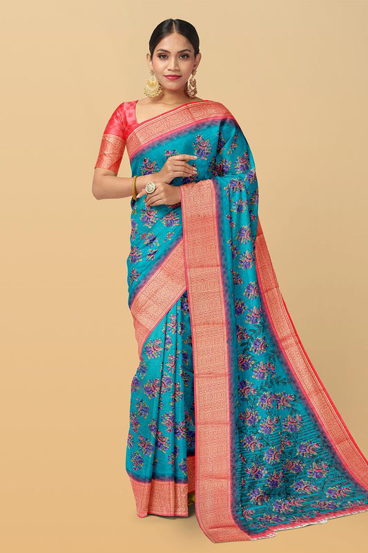 BLUE and LIGHT PINK FLORALS SOFT JUTE Saree with FANCY