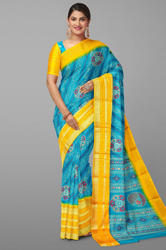 BLUE and YELLOW JAAL DOLA SILK Saree with FANCY