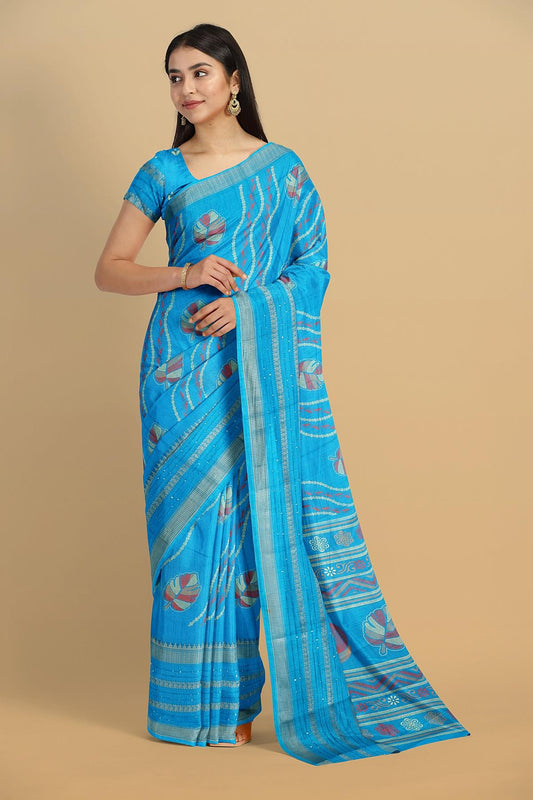 BLUE and RED LEAF PRINT DOLA SILK Saree with FANCY