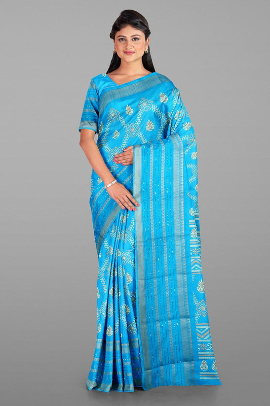 BLUE and GOLD JAAL DOLA SILK Saree with FANCY