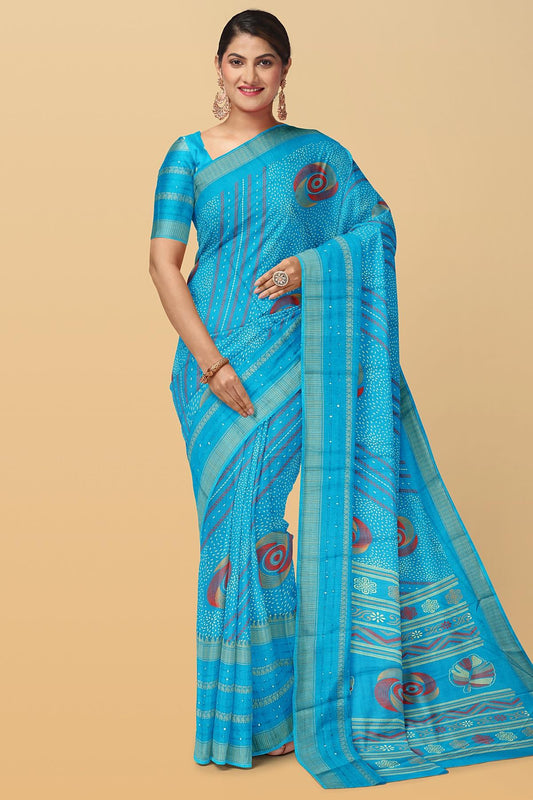 BLUE and RED ABSTRACT DOLA SILK Saree with FANCY