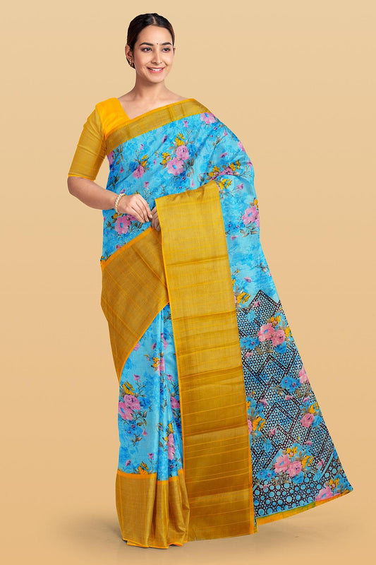 BLUE and YELLOW FLORALS DOLA SILK Saree with FANCY