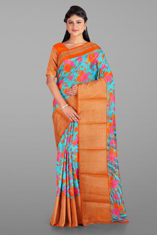 BLUE and ORANGE FLORAL JAAL DOLA SILK Saree with FANCY