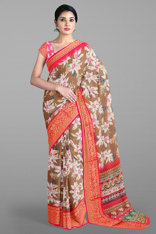 BROWN and DARK PINK FLORALS LINEN Saree with FANCY