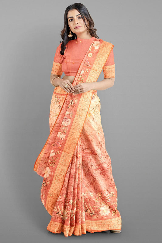 BRICK and GOLD DIGITAL PRINT SILK Saree with BANARASI FANCY