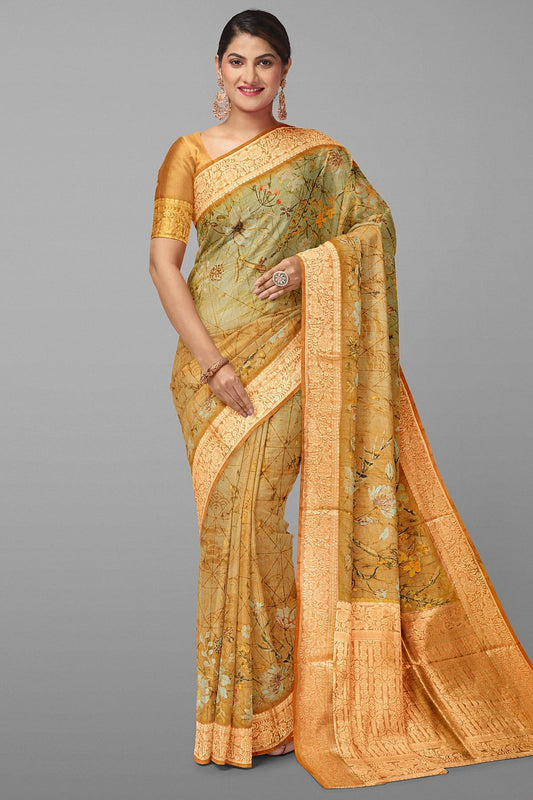 BROWN and GOLD DIGITAL PRINT SILK Saree with BANARASI FANCY