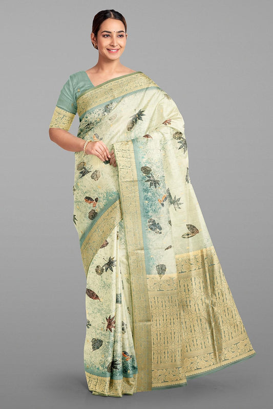 CREAM and SLATE BLUE LEAF PRINT SILK Saree with BANARASI FANCY